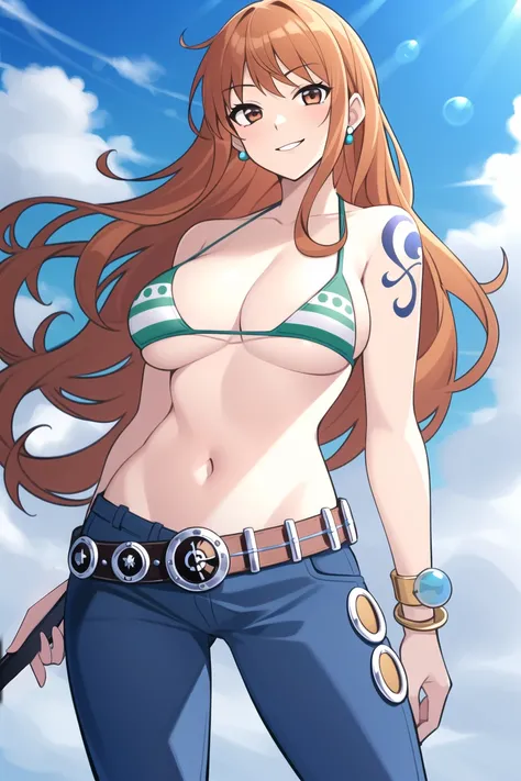 nami (one piece),
1girl, bangle, bangs, bare shoulders, belt, bikini, bikini top only, blue sky, bracelet, breasts, brown eyes, bubble, cleavage, cloud, cowboy shot, day, denim, earrings, floating hair, green belt, green bikini, groin, jeans, jewelry, lar...