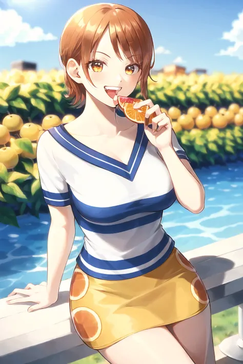 nami (one piece), short hair, 
1girl, arm support, asymmetrical bangs, bangs, blue shirt, white shirt,  yellow skirt, breasts, collarbone, day, eating, food, fruit, hair behind ear, hand up, holding, holding food, holding fruit, large breasts, looking at v...