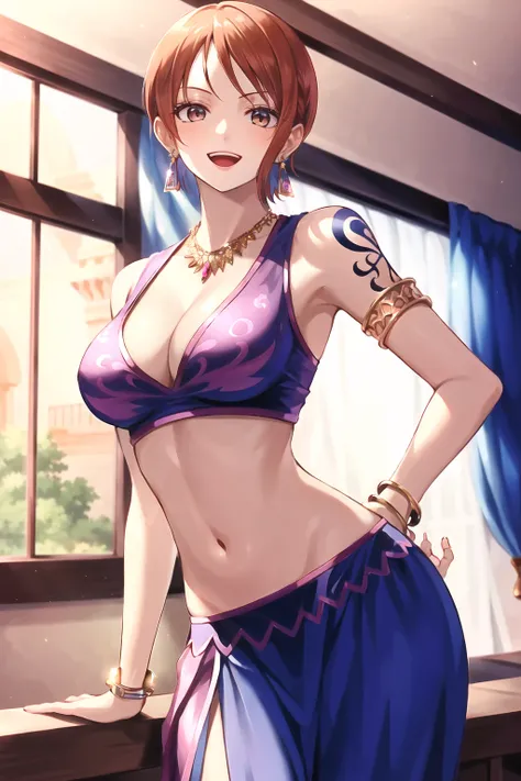 nami (one piece), short hair,
1girl, arabian clothes, armlet, bangle, bracelet, breasts, cowboy shot, earrings, hand on hip, jewelry, log pose, looking at viewer, midriff, navel, necklace, open mouth, orange hair, shoulder tattoo, smile, solo, tattoo, indo...