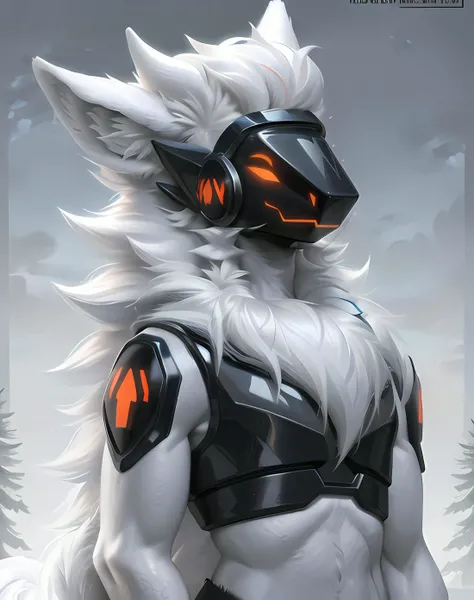 masterpiece, best quality, protogen, (protogen face:1.1), (protogen visor:1.1), gray fur, realistic fur, shaded fur, glossy fur, (detailed hair:1.1), styled hair, glossy hair, white hair, highly detailed background, cg background, snowy pine forest, overca...