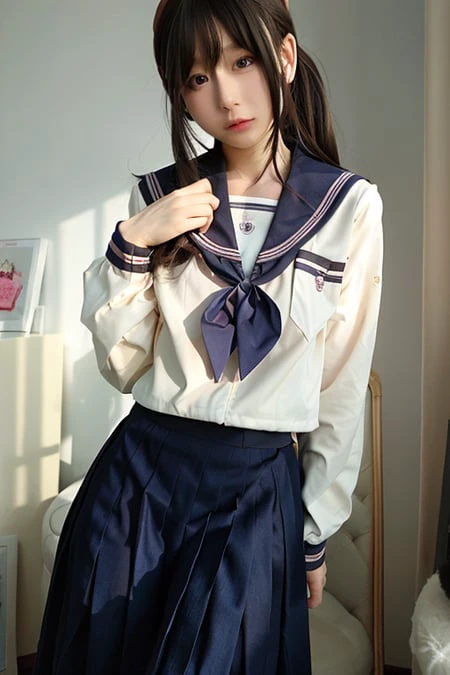 1girl, solo, looking at viewer, long hair, lips, realistic, brown eyes, skirt, school uniform