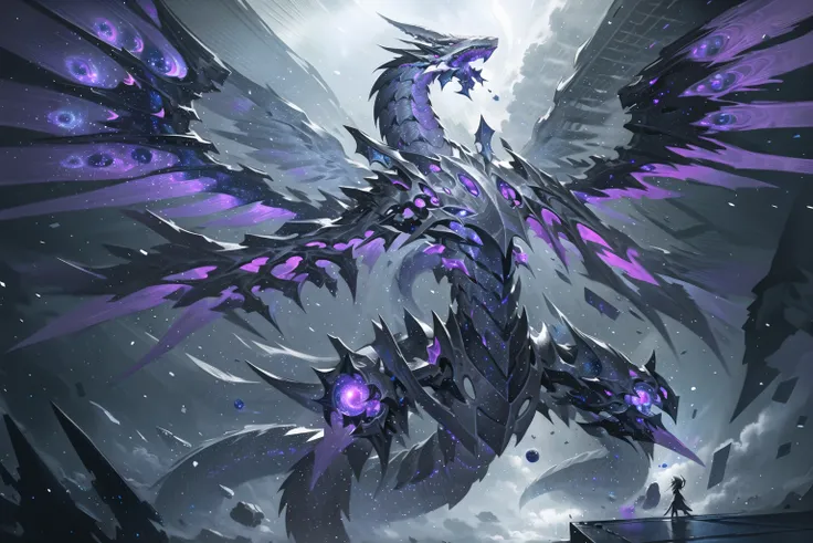 masterpiece, best quality, dragon, <lora:Dragon:0.8>,city_lights, galaxy, giant, glowing, night, night_sky, planet, no_humans, sky, snow, snowing, space, star_(sky), starry_sky, wings