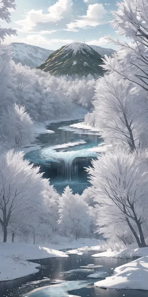 Minimalist landscape featuring a tranquil river flowing through a sparse forest of bare trees with a small hill visible in the distance,masterpiece, best quality, high quality, extremely detailed CG unity 8k wallpaper, oil paiting, award winning photograph...