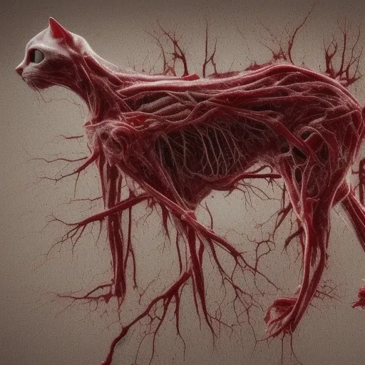 A cat made out of piles of organic tissue, disgusting ligament muscle tissue tendon sinew sarcocarp, wet, dripping, internal, organic, venereal horror peeling intense dark horror biological, terrifying living hell brutal overwhelming dread suffering emotio...