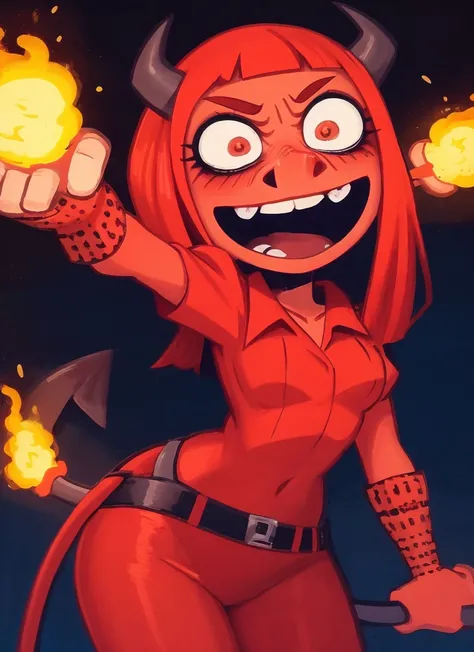 demon 1girl, red skin, long hair, wearing shirt, in hell, fire background, lozhkin, big smile, open mouth,  accurate teeth with gaps <lora:a-lozhkin:0.6>, <lora:st_vanripperartStyle_vanripart05:0.8>