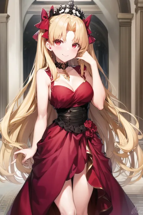 masterpiece, best quality, absurdres, perfect antomy,
Ereshkigal, smile, blush, ballroom, indoors, elegant dress, long dress, red dress, sleeveless, choker,