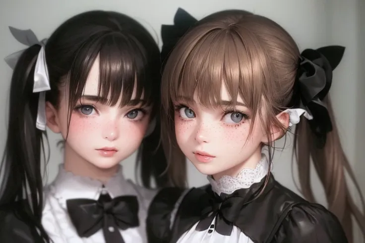 2girls,masterpiece, (photorealistic:1.4), best quality, beautiful lighting, cinema lights, film grain, blurry, indoors, bangs, lips, cheek-to-cheek, (freckles:0.8), ribbon, bow, twintails, gothic, multiple girls, looking at viewer, depth of field, blurry b...