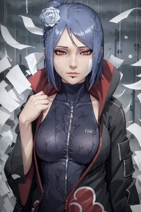 konan \(naruto\), 1girl, solo, breasts, upper body, looking at viewer, makeup, zipper, rain, paper, nose, open clothes, upper bo...