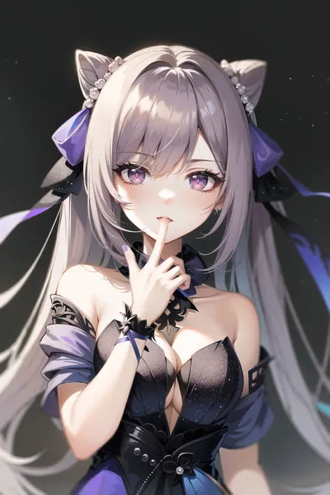 masterpiece, best quality, absurdres, looking at viewer, solo, keqing (opulent splendor) (genshin impact), official alternate costume, 1girl, keqing (genshin impact), solo, purple hair, dress, long hair, looking at viewer, hair bun, twintails, breasts, ba...
