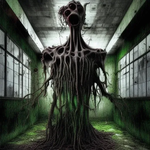 plant monster Surrealist, Digital Art horror, human experimentation, abandoned hospital, moody