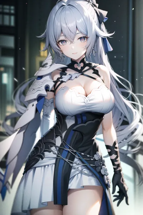 (Realistic painting style:0.9), masterpiece, best quality, absurdres, looking at viewer, solo, bronya zaychik (silverwing: n-ex), bronya zaychik, red pupils, 1girl, solo, breasts, long hair, dress, grey hair, cleavage, looking at viewer, smile, closed mou...