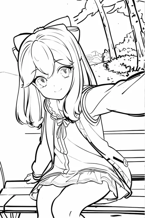 masterpiece, best quality, 1girl, cowboy shot, delicate eyes, looking at viewer, <lora:jiaranV23:0.8>, jiaran, hair bow, acket, park, sitting on bench, reaching towards viewer, selfie, dynamic angle, light smile,   <lora:animeoutline:1>, monochrome, linear...