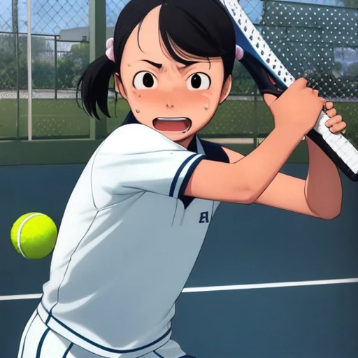 <lora:takamichi-style:1.0>,takamichi style,1girl,tennis uniform, sweatdrop, Watching the ball,playing tennis,tennis racket, tennis ball,