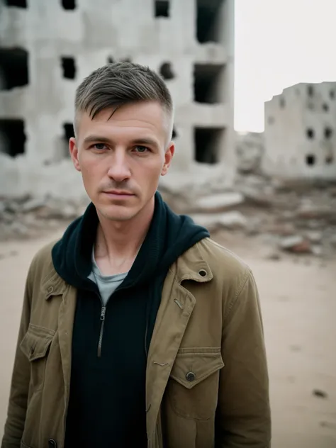 raw photo, a close up portrait photo of brutal 45 years old man in wastelander clothes, long haircut, pale skin, slim body, back...