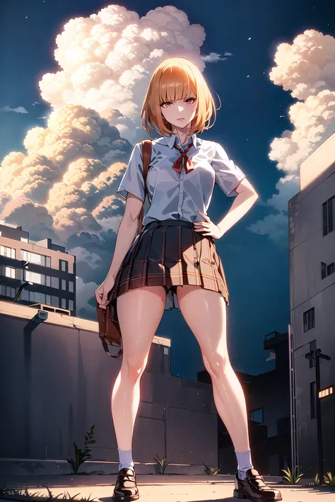 ((masterpiece,best quality, detailed)), ultra-detailed, detailed hair, hard rim lighting,((dramatic lighting)),sharp focus,
 <lora:MidorikawaHanaV1:0.7>, midorikawa hana, school uniform, shirt, skirt, shorts under skirt, standing split, forest, outdoors, f...