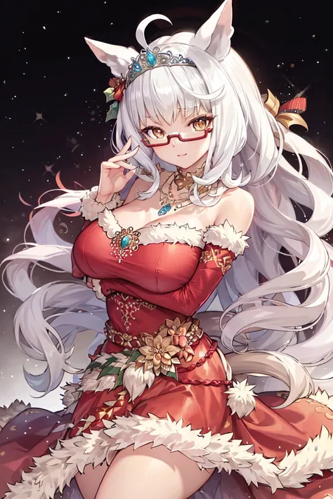 masterpiece, best quality,
biwa hayahide (umamusume),
official alternate costume, semi-rimless eyewear, under-rim eyewear, red-framed eyewear, santa costume, necklace, tiara, fur-trimmed dress, red dress, bare shoulders, detached sleeves, jewelry, christma...