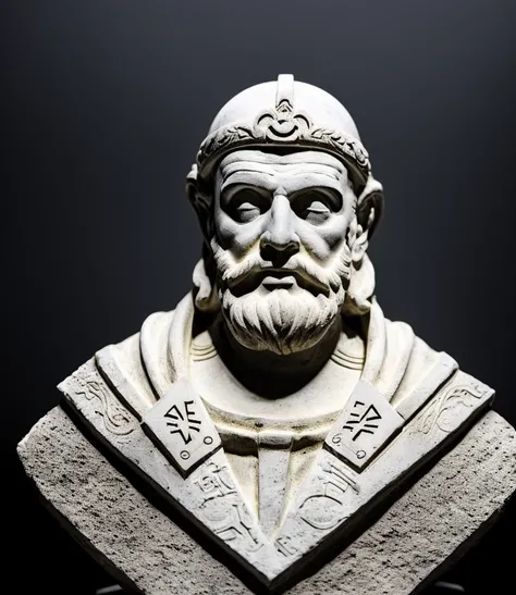 mockup, marble bust sculpture of geometric ancient undead priest warrior astrologist, full view, magical astrological esoteric symbols, Bauhaus, intricately decorated, medium shot, (black background:1.3)