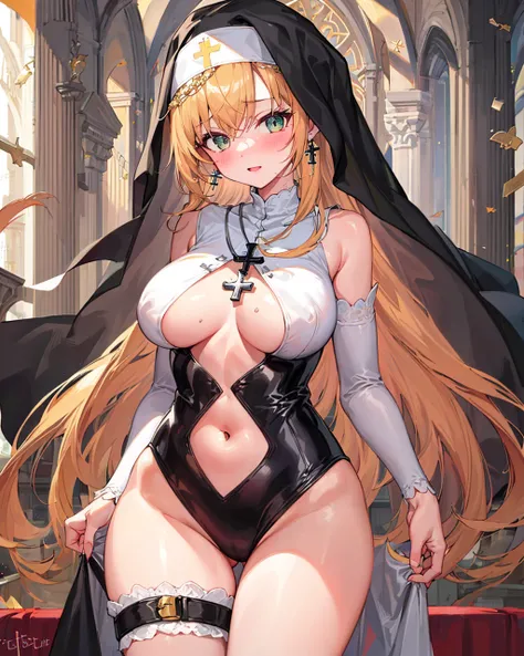 masterpiece,1girl, cleavage cutout,nun,veil, standing, church,indoors,cross necklace, cross earrings, <lora:CenterCutoutV2-000004:1>,navel,leotard,underboob cutout,