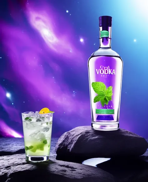 studio photography of (crystal glass vodka bottle) standing on meteorite stone next to mojito cocktail drink (in deep space galaxy nebulae cave setting:1.1), Andries Stock, product photo, a computer rendering, arbeitsrat fr kunst, ambient occlusion, soft ...