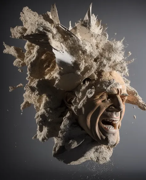 fragmented exploding bust sculpture of cesar, explosion sharp debris shooting in the air together on a black background, concrete debris flying, glitch effect, dynamic dramatic movement, Andries Stock, product photo, black background, kinetic art, macropho...