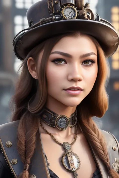 photo of woman,  zendaya-5000, (front to camera), detailed european face, (aspiring facial expression), (((steampunk style clothes))), ((steampunk city on the background)), RAW, analog style, ultra detailed photograph, cinematic lighting, artstation, 4k, s...