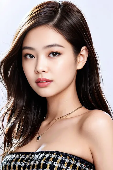 a woman with long hair and a necklace on her neck, posing for a picture with a white background