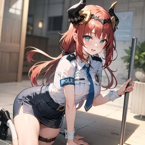 masterpiece, best quality, 1girl, solo, nilou_genshin, headdress, horns, red hair, (police uniform:1.3) <lora:Nilou:0.6>