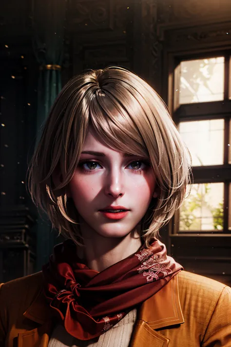 1girl, portrait of shot of re4ashley, orange jacket, scarf, black skirt, dark old mansion indoors, window, night, volumetric lighting, best quality, masterpiece, intricate details, tonemapping, sharp focus, hyper detailed, trending on Artstation, realistic...