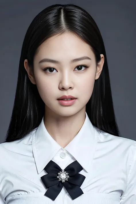 a woman with a black and white bow tie on her neck and a black jacket on her shoulders and a white shirt on her chest