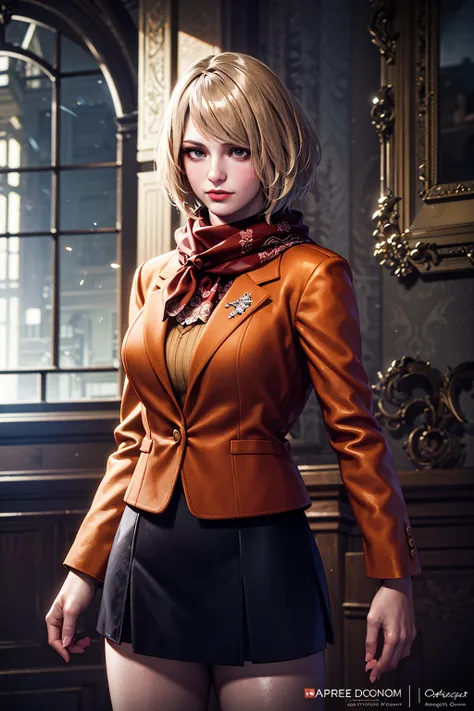 1girl, cowboy shot of re4ashley, orange jacket, scarf, black skirt, dark old mansion indoors, window, lightning, night, thunder, volumetric lighting, best quality, masterpiece, intricate details, tonemapping, sharp focus, hyper detailed, trending on Artsta...