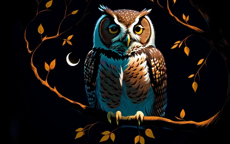 vector art of an owl perched on a branch, fantastical, highres, sharp focus, absurdres, after hours, dark, darkness, nighttime