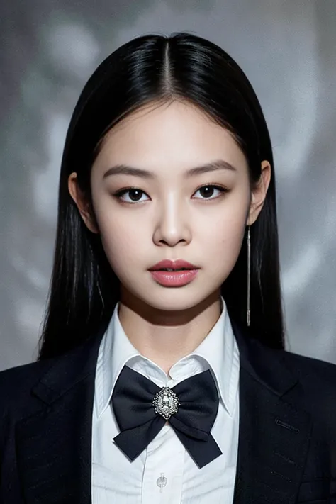 a woman with a black and white bow tie on her neck and a black jacket on her shoulders and a white shirt on her chest
