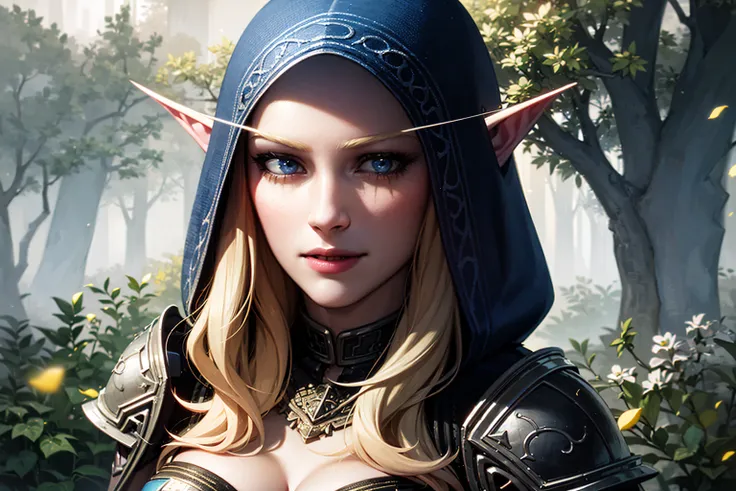 1girl, portrait of sylvlight looking at viewer, blue eyes, grin, hood on, elf, long eyebrows, cleavage, athletic, forest, tree, flowers, particles, volumetric lighting, best quality, masterpiece, intricate, volumetric lighting, cinematic, 8k, cinematic lig...