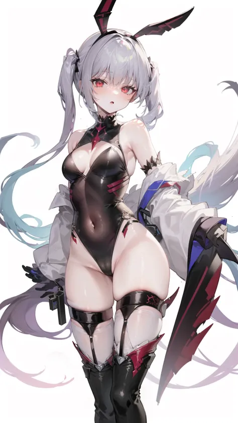 1girl, bare shoulders, breasts, detached sleeves, floating, highleg, highleg leotard, leotard, long hair, long sleeves, looking at viewer, navel, red eyes, simple background, small breasts, solo, standing, thighhighs, white background, white hair, white le...