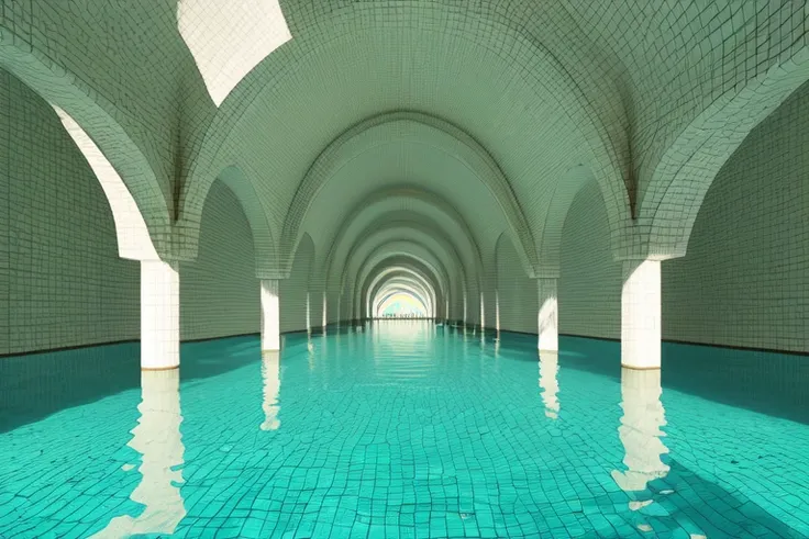 <lora:S1-Backroom_DreamLike-000006:0.5>,
backroom,liminal space,Level-37,Sublimity,water,white tiles,reflection,water corridor,green blue water,arch column,
(photorealistic), [sharp focus], (HDR), (8k), (gigapixel), (masterpiece)