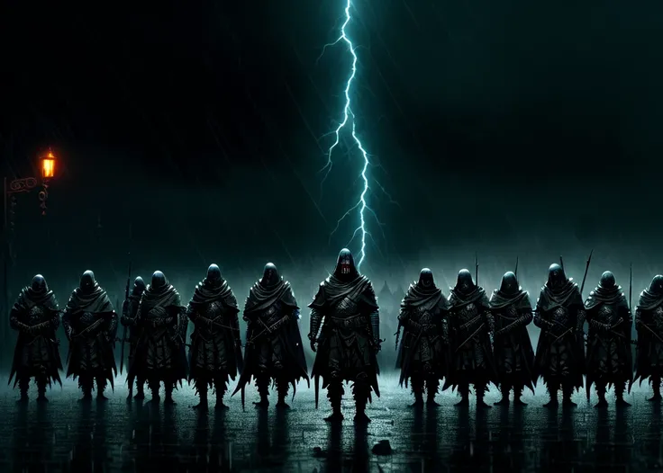 the army+ of the apocalypse+ in the dark rain, dark fantasy, medieval, nighttime, after hours, darkness, raining++, dripping wet, raindrops, wallpaper, UHD, professional