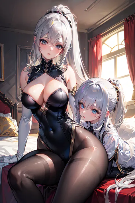 (((2 girls))),ray tracing, (dim light), [realistic] ((detailedbackground(bedroom))),(((silver hair)), (((A long disheveled silver-haired, busty yet slender girls with a high ponytail))) are  in the ominous bedroom, averting their blonde eyes, ((and the gir...