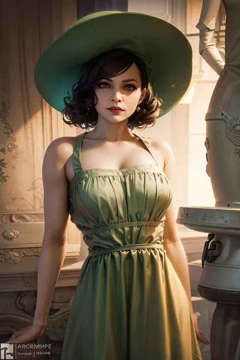 1girl, cowboy shot of re8dmtrsc, (green sundress:1.2),  bare shoulders, looking at viewer, particles, volumetric lighting, best ...