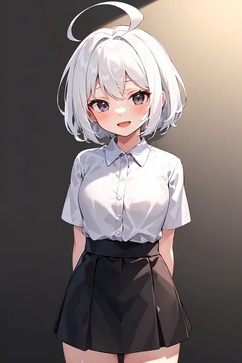 (masterpiece, best quality:1.3), (intricate detailed:1.2), (1girl), (solo), (female focus), (ahoge, white hair, short hair), black eyes, light smile, open mouth, ((white shirt)), ((black skirt), (short skirt)), standing, white background, arms behind back