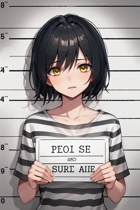 masterpiece, best quality, illustration, mugshot, height chart, 1girl, upper body, holding sign, looking at viewer, very short black hair, narrowed yellow eyes, prison clothes, striped shirt
<lora:mugshot:0.6>