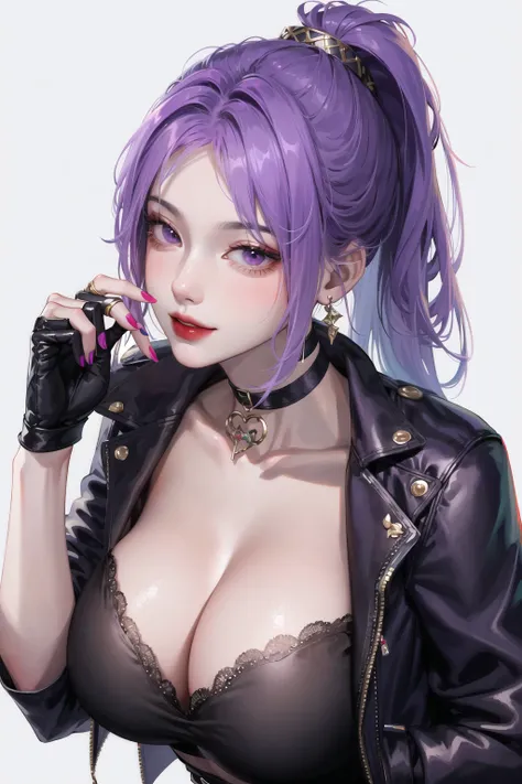 1girl, fashi-girl, bangs, black gloves, black choker, collarbone, earrings, finger to mouth, fingerless gloves, grey hair, index finger raised, jacket, jewelry, red lips, lipstick, long hair, looking at viewer, makeup, nail polish, parted lips, ponytail, p...