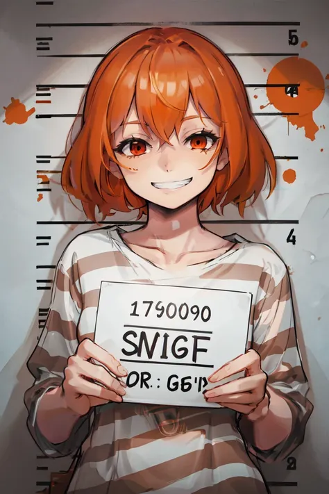 masterpiece, best quality, illustration, mugshot, height chart, 1girl, upper body, holding sign, looking at viewer, short orange hair, red eyes, prison clothes, striped shirt, grin
<lora:mugshot:0.6>