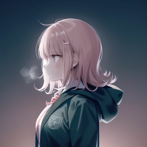 <lora:ChiakiDGv2:0.6>, Nanami Chiaki, collared shirt, eyebrows visible_through hair, flipped hair, hood, jacket, medium hair, pink eyes, pink ribbon, shirt, solo, simple background, 1girl, standing, from side, Sky, (((hood down))), full body,