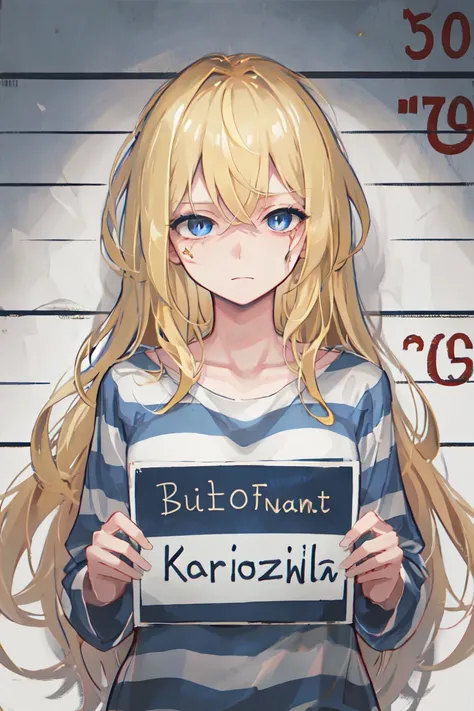 masterpiece, best quality, illustration, mugshot, height chart, 1girl, upper body, holding sign, looking at viewer, messy long blonde hair, narrowed blue eyes, prison clothes, striped shirt
 <lora:mugshot:0.6>