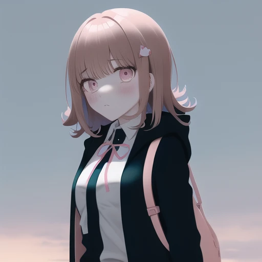 <lora:ChiakiDGv2:0.7>, Nanami Chiaki, collared shirt, eyebrows visible_through hair, flipped hair, hood, jacket, medium hair, pink eyes, pink ribbon, shirt, solo, 1girl, standing, Sky, backpack, bag, light brown hair,