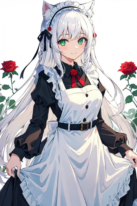 skistyle, 1girl, solo, flower, animal ears, official alternate costume, long sleeves, rose, juliet sleeves, looking at viewer, apron, dress, red flower, green eyes, cat ears, skirt hold, puffy sleeves, closed mouth, maid, white apron, red rose, hairband, g...