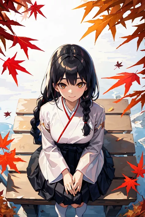 (masterpiece:1.2), 1milf, solo, smile, black hair, braid, white hanbok, korean_clothes, wide-fitting skirt, maple tree, fallen leaves <lora:Hanbok_LoRA_V2:0.6>, (diagonal viwe, Top View:1.3), standing, sit, upper body