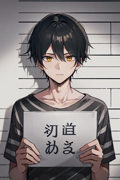 masterpiece, best quality, illustration, mugshot, height chart, 1boy mature, upper body, holding sign, looking at viewer, very short black hair, narrowed yellow eyes, prison clothes, striped shirt
<lora:mugshot:0.6>