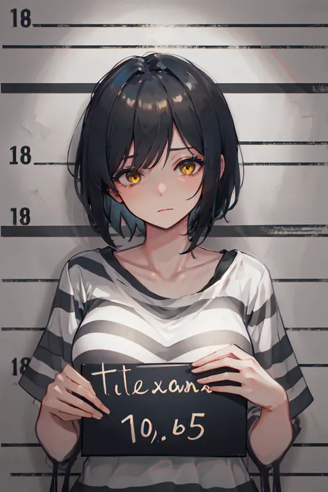 masterpiece, best quality, illustration, mugshot, height chart, 1girl, upper body, holding sign, looking at viewer, medium breasts, short black hair, narrowed yellow eyes, prison clothes, striped shirt
 <lora:mugshot:0.6>