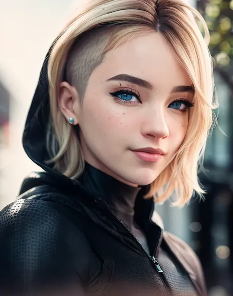 <lora:gwen_stacy_spiderverse_v1:0.65>, (masterpiece), ((best quality)), parted lips, light_smile, cinematic lighting, ultra-realistic, ((realistic)), (gwen_stacy), blonde_hair, short_hair, solo, sidecut, asymmetrical_hair, parted_lips, eyebrow_piercing, (d...